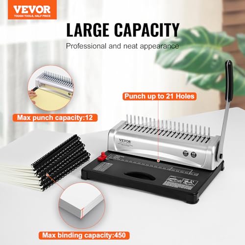 VEVOR Binding Machine, Comb Binding Machine 21-Holes Binding 450 Sheets, Book Binder Machine with 100 PCS 3/8'' Comb Binding Spines, for Letter Size, A4, A5 - style: Comb Binding