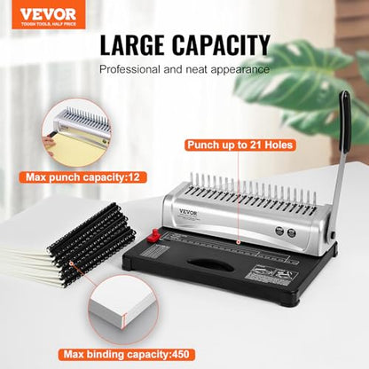 VEVOR Binding Machine, Comb Binding Machine 21-Holes Binding 450 Sheets, Book Binder Machine with 100 PCS 3/8'' Comb Binding Spines, for Letter Size, A4, A5 - style: Comb Binding