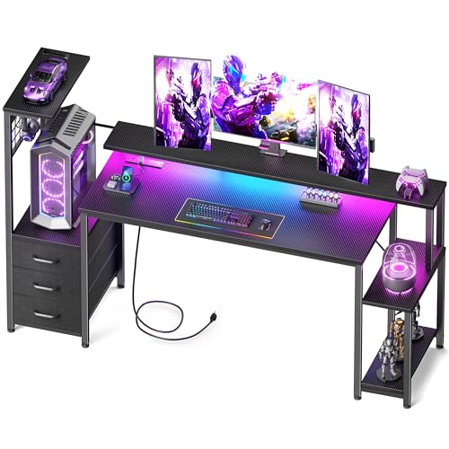 Korfile 63" Gaming Desk with Power Outlet, LED, Carbon Fiber Black Finish - size: 63 Inches