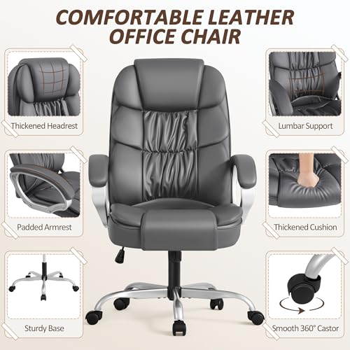 Homall Office Chair High Back Computer Chair Desk Chair, PU Leather Adjustable Height Modern Executive Swivel Task Chair with Padded Armrests and Lumbar Support (Gray) - color: Grey
