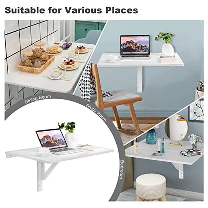 COSTWAY Wall Mounted Folding Table, 31.5" x 23.5" Drop-Leaf Floating Writing Desk for Small Spaces, Space-Saving Fold Down Laptop Workstation for Kitchen, Bedroom, Laundry Room, Study Room (White) - color: White