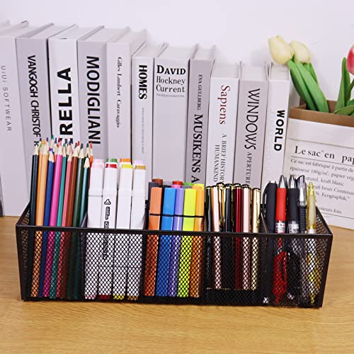 2PCS Black Mesh Pen Pencil Holder, Small Metal Desk Organizer Desktop Stationery Office Supplies Acessories Storage Stand, 5 Compartments Brushes Holder for Home School Classroom Teachers - size: 2pcs 5 Grids