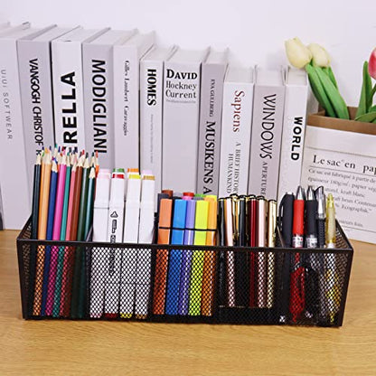 2PCS Black Mesh Pen Pencil Holder, Small Metal Desk Organizer Desktop Stationery Office Supplies Acessories Storage Stand, 5 Compartments Brushes Holder for Home School Classroom Teachers - size: 2pcs 5 Grids
