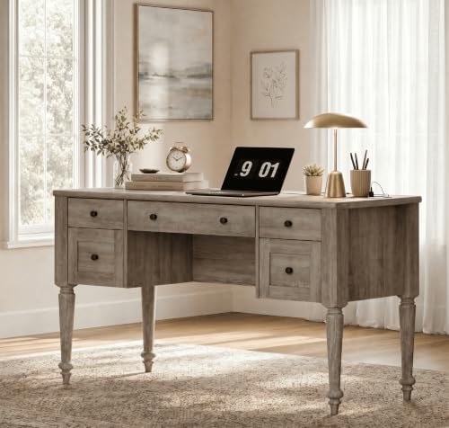 WAMPAT Farmhouse Executive Desk with Drawers, Vintage Writing Desk with Charging Station, Home Office Desk with Storage Cabinet & Open Shelf for Study, 56 Inch, Grey - color: Grey