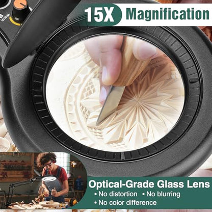 15X Magnifying Glass with Light and Stand, Bright 2,200 Lumens for Multi-Color Modes Dimmable, 3-in-1 Adjustable Swing Arm Floor Lamp, Hands Free Lighted Magnifier for Reading Crafts, Black