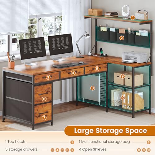 SEDETA 47.2" Reversible L Shaped Office Desk with Drawers, Hutch, Shelves | L Shaped Computer Desk with 5 Fabric Drawers, Storage, Power Outlet and LED Lights for Home Office, Rustic Brown - color: Rustic Brown