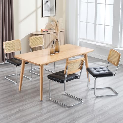 KCC Modern Dining Chairs Set of 4, Faux Leather Rattan Chair,Black | Mid Century Kitchen Side Chairs with Metal Legs and Upholstered Seat for Dining Room,Living Room,Bedroom,Silver Legs - color: Black+silver Legs, size: Set of 4