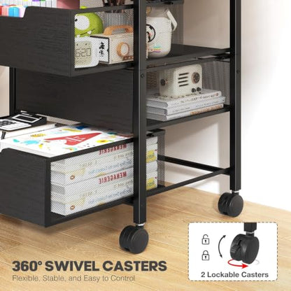 Rolling Cart with Drawers, Wooden Top and Front | Metal Under Desk Storage Cart with 4 Drawers and Wheels, for Office, Bedroom, Classroom, Home, Black - color: Black