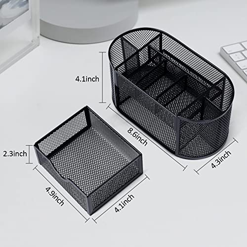 Black Mesh Pen Holder Desk Organizer Cute Office Supplies Pencil and Marker Organizers Oval Desk Caddy with 8 Compartments and 1 Drawer Workspace Accessories for Office School Home - style: Oval