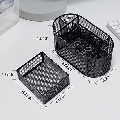 Black Mesh Pen Holder Desk Organizer Cute Office Supplies Pencil and Marker Organizers Oval Desk Caddy with 8 Compartments and 1 Drawer Workspace Accessories for Office School Home - style: Oval