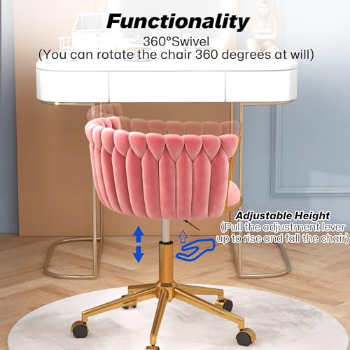 HENGJIANYI Velvet Woven Home Swivel Vanity Desk Chair with Gold Base, Pink | Modern Height Adjustable Office Chair with Metal Base and Hand Weaving Back Wheels for Bedroom Study Small Space girl women - color: Pink