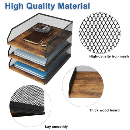 Natwind 3-Tier Stackable Metal Mesh Paper Organizer with Sliding Tray,Retro | Wooden Desk Organizer, Letter Tray For Desktop,File Holder For Home Office School Classroom Organization - size: 3 tier