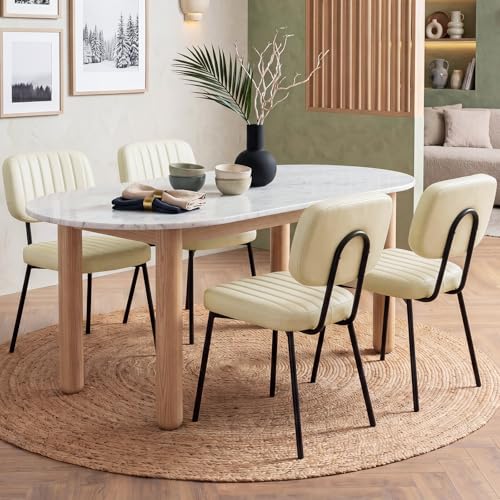 OLIXIS Dining Chairs Set of 4, Upholstered Kitchen Chairs, Beige White | Faux Leather Comfortable Cushion Seat, Metal Legs with Backrest, Mid-Century Modern, Easy Assembly, Dining Room Home - color: Beige White, size: 4 PCS