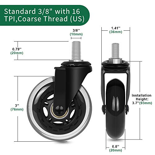 Replacement Office Chair Caster Wheels by 8T8, Set of 5, Rubber Chair Casters with Threaded Stem 3/8''-16X1(NOT Metric M10), Quiet and Smooth Gliding,Safe for Woood Hardwood Carpet Floors - style: No Nuts