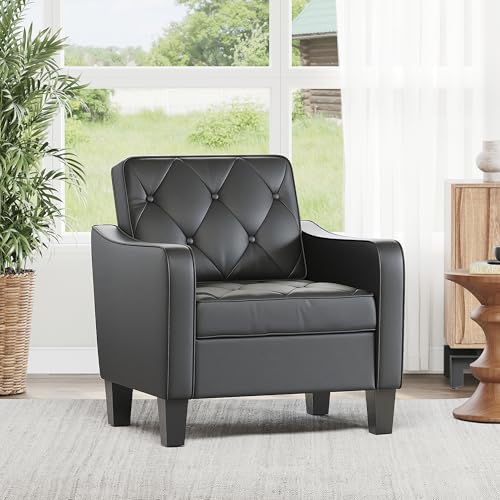 Black Accent Chairs, Faux Leather Armchair, Mid Century Modern Lobby Chair | STHOUYN Waiting Room Chairs, Tufted Back Upholstered, 330LBS Capacity, Office Guest Chairs Living Room Bedroom - size: 1 PCS