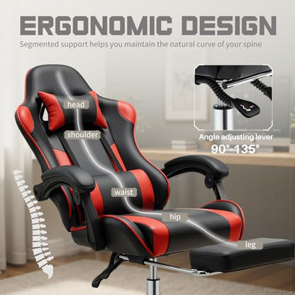 DUMOS Ergonomic Gaming Chair with Footrest, Home Office Desk Chair | PU Leather, Headrest, Linkage Armrests, Height Adjustable, 360 Swivel Reclining, Black Red - color: Black Red, size: PU Leather 27"D x 25"W x 52"H
