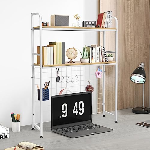 Desktop Bookcase Bookshelf Desk Hutch, 2-Tier Multipurpose Countertop Display Shelf, Adjustable Computer Desktop Rack Organizer for Home Office Dorm Use (White)