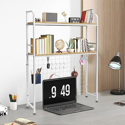 Desktop Bookcase Bookshelf Desk Hutch, 2-Tier Multipurpose Countertop Display Shelf, Adjustable Computer Desktop Rack Organizer for Home Office Dorm Use (White)