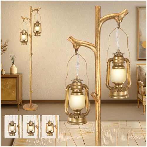 Scenekoy 68” Tall Gold Floor Lamp with Lanterns, Dimmable Brightness | Tree Trunk Finish & Resin Standing Lamp, Stand Up Light with Bulb, Decor for Modern Living Room Bedroom Home - color: Gold