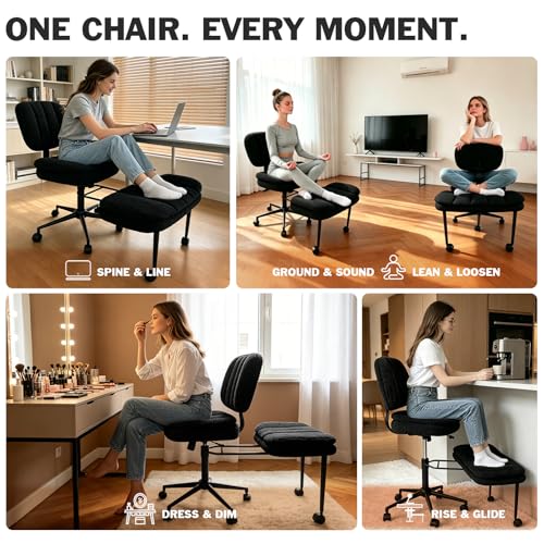 Ergonomic Cross Legged Office Chair with Footrest, 360° Swivel Height Adjustable Faux Shearling Criss Cross Chair, Wide Seat & Back Support for Home Office, ADHD, Black - color: Wool Black
