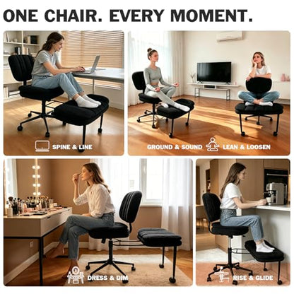 Ergonomic Cross Legged Office Chair with Footrest, 360° Swivel Height Adjustable Faux Shearling Criss Cross Chair, Wide Seat & Back Support for Home Office, ADHD, Black - color: Wool Black