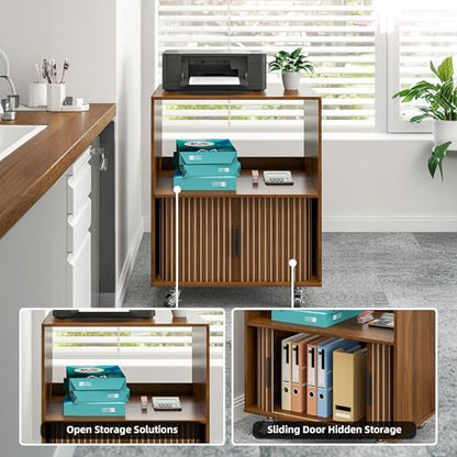 3-Tier Printer Stand, Fluted Rolling Printer Table with Storage, Walnut