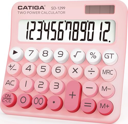 CATIGA Mechanical Switch Calculator with Solar and Battery Dual Power, 12-Digit Large LCD Display, Aesthetic and Cute Desktop Calculator with Big Button, for Home, School and Office Use, SD-1299 - color: Z) Blush Pink