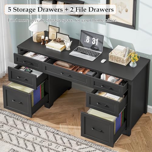 Vabches Home Office Desk with 7 Drawers, Pure Black. | Farmhouse 61'' Rustic Office Desk Computer Table with File Drawers, Wood Workstation for Home Office and Study. - color: 61in Pure Black