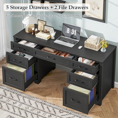 Vabches Home Office Desk with 7 Drawers, Pure Black. | Farmhouse 61'' Rustic Office Desk Computer Table with File Drawers, Wood Workstation for Home Office and Study. - color: 61in Pure Black