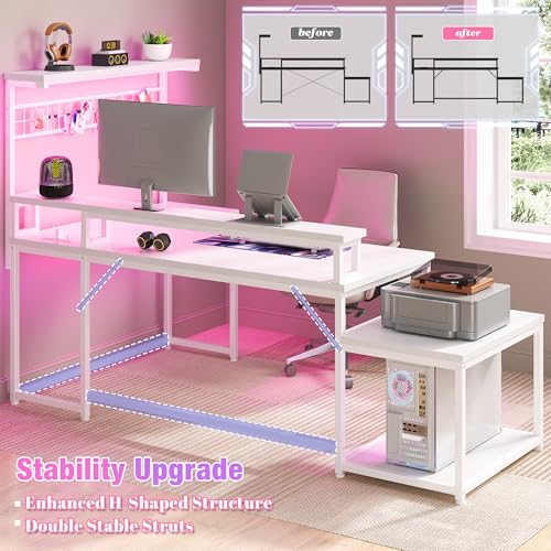 EnHomee 63" L Shaped Gaming Desk with LED Lights & Power Outlets,White - color: White, size: 63"W