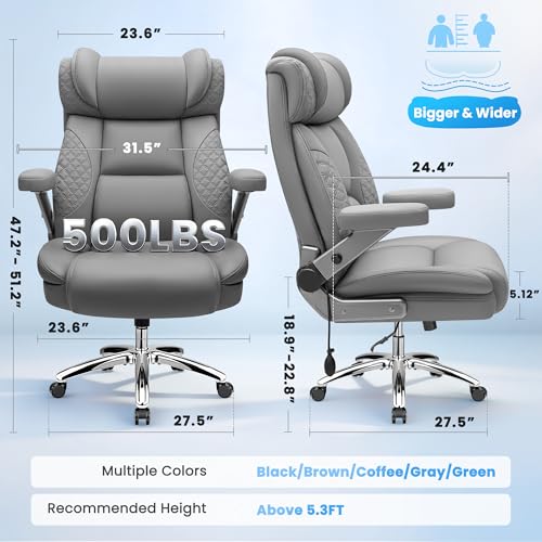Big and Tall Office Chair for Heavy People, 500LBS Wide Seat Computer Desk Chair, Extra Large Executive Gaming Chair with Adjustable Lumbar Support and 5D Flip Arms, Comfy Heavy Duty Office Chair - color: Grey