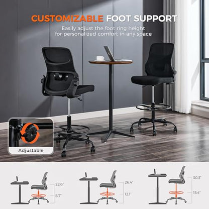 Armless Drafting Chair, Tall Office Chair for Standing Desks | A foot ring steadies legs through crafting and studio projects; breathable lumbar mesh and silent casters fit compact spaces. - color: Black-drafting