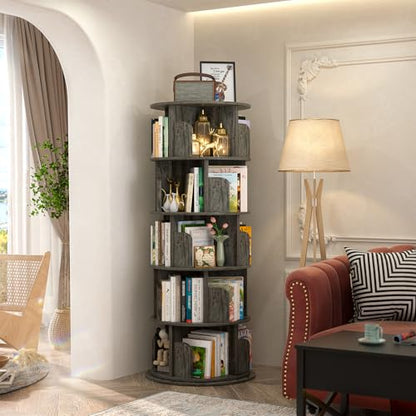 Aheaplus 5 Tier Wood Rotating Bookshelf, 360° Spinning Book Shelf Tower - color: Black Oak, size: 5-Tier