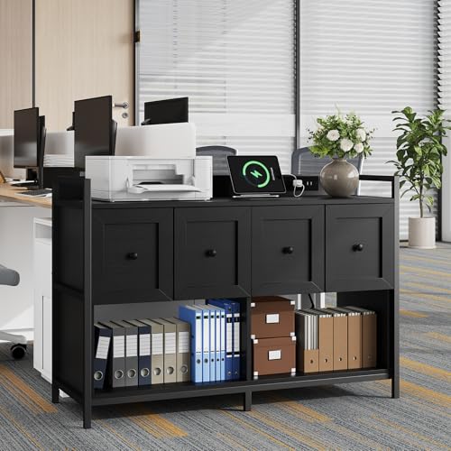Filing Cabinet for Home Office, 43" Wood File Cabinet with Power Outlet, 2 Drawers, 2 Open Storage Shelves, Black Lateral File Storage Fits Legal/Letter/A4 Size, Printer Stand with Bookshelf Organizer