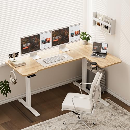 L Shaped Electric Standing Desk - 51x31.5 Inch Reversible Corner Sit Stand Desk with Hook&Cup Holder,Electric Height Adjustable Table,for Small Home Office&Bedroom Computer Desk, Oak - color: Oak, size: L-shaped 51 Inches