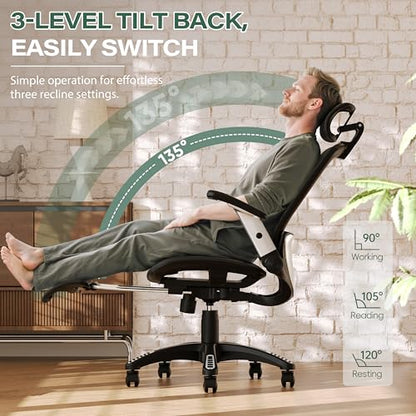 GABRYLLY Ergonomic Office Chair, High Back Home Desk Chair with Footrest,3D Headrest, Flip-Up Arms, 135° Tilt and Wide Cushion, Heavy Duty Mesh Chairs for Task Computer Gaming, Black - color: Obsidian Black