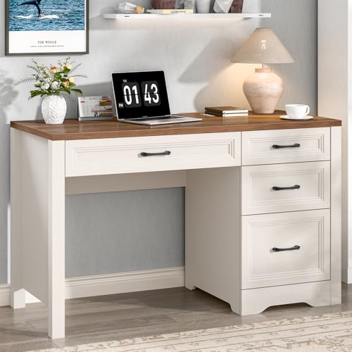 Vabches Farmhouse Executive Desk with Storage and Ample File Drawer, Rustic Large Home Writing Desk for Bedroom, White - color: Brown White, size: 19.69"D x 47.24"W x 30.71"H