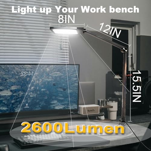 NS LED Desk Lamp with Clamp, Flicker-Free Dimmable Table Light with 3 Color Modes, Memory & Timer Function, Adjustable Swing Arm Clip-On Lamp for Home Office, Reading, Study.Batteries not Included.