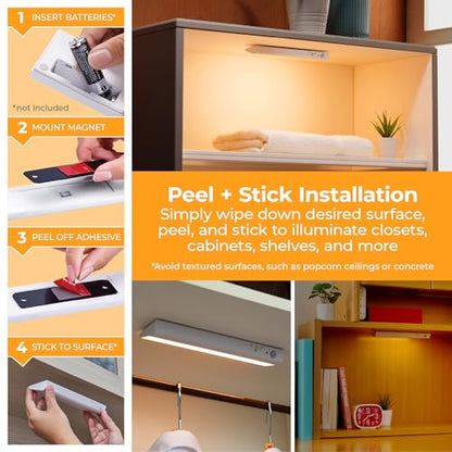 PureOptics LED Battery Operated Under Cabinet Lighting, Motion Sensor On/Off, Warm White LED, Stick-On Install for Kitchen & Closets - 2 Bars - size: 2 Bars