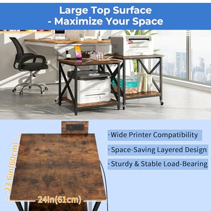 METYERRY 23.6"x23.6" Large Printer Stand with Power Outlet | 2 Tier Storage Shelf, 200 lbs Heavy Duty, Industrial Wheels,Fits 3D Printers,Laser Printers and Heat Press,Home Office - color: Rustic Brown