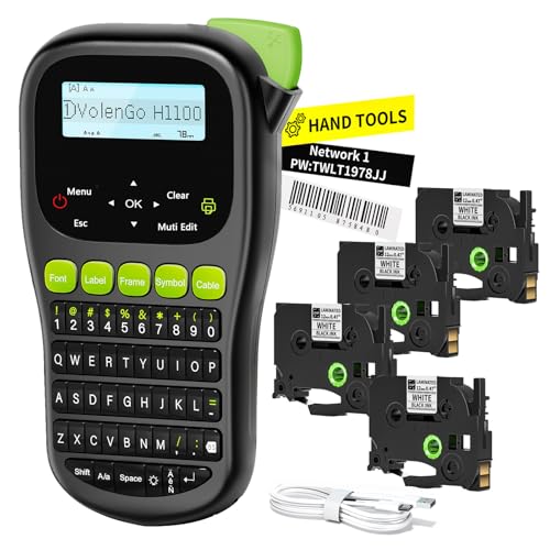 Label Maker Machine with 4 Tapes, Wire Label Maker Waterproof-Labels | Laminated Handheld Label Printer, Backlit & Portable & 3 Cable Mode, VolenGo H1100 Labeler for Industrial Office Organization - color: Black, style: Label maker with 4 Tapes