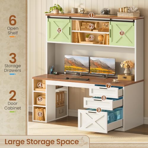 SEDETA 55.1" Farmhouse Desk with Hutch & 3 Storage Drawers - color: White and Brown, size: Desk with Hutch (55")