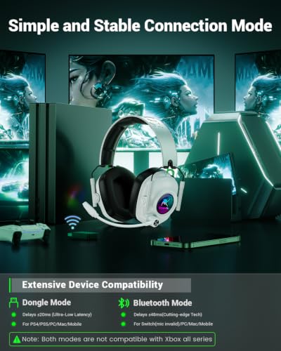 Wireless Gaming Headset with Microphone for PC, PS5, PS4, Switch, Mac | Noise Canceling Microphone,2.4 GHz Wireless & Bluetooth ,Cool RGB Lighting,1000mAh Battery,50mm Drivers,Foldable(Pure White) - color: Pure White