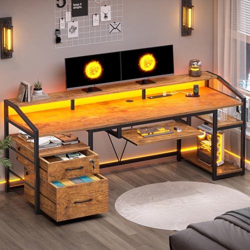 SEDETA 63" Computer Desk, Office Desk with Lock Drawers for Legal/Letter File, Gaming Desk with LED Light & Power Outlet, Home Office Desks for Printer, Rustic Brown - color: Rustic Brown, size: 63"