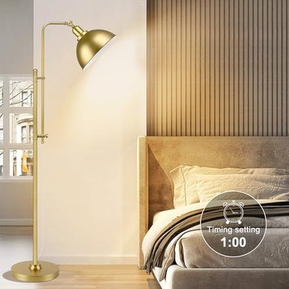 PARTPHONER Industrial Floor Lamp Adjustable, Rustic Farmhouse Reading Lamp in Aged Gold Finish, Modern Standing Lamp with Remote Control Metal Shade for Living Room Bedroom Study Room Office Hotel - color: Gold