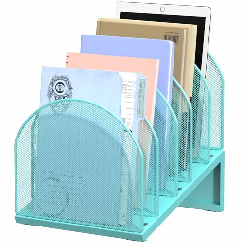 5-Section Desk File Organizer | Metal Mesh Folder Organizer for Documents, Mail & Office Papers (Blue) - color: Blue