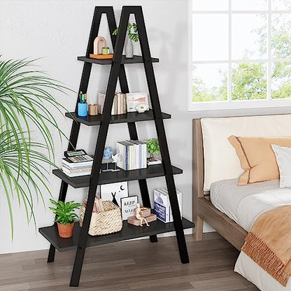 Recaceik 4-Tier A-Shaped Ladder Bookshelf, Industrial Wooden Bookcase with Metal Frame, Farmhouse Open Display Shelves for Living Room, Bedroom, Office - color: Black