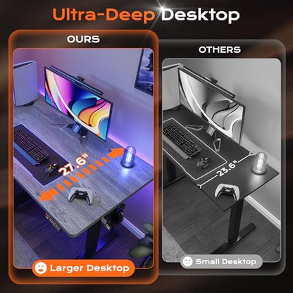 Huuger 48 x 28 Large Electric Standing Desk, Height Adjustable Desk, 27.6" Deep Desktop, Stand up Gaming, 2 Hooks, 3 Preset Heights, for Home Office, Grey - color: Grey, size: 48*28 inch (no outlets)