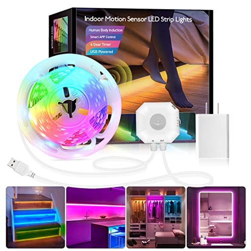 Daymeet Motion Sensor Under Bed Lights, 9.8ft RGB Motion Activated LED Strip Lights with Automatic Shut Off Timer App Control Cabinet Night Light Closet Lights for Hallway, Kitchen,Bedroom,Stair - color: Multicolor, size: 9.8ft
