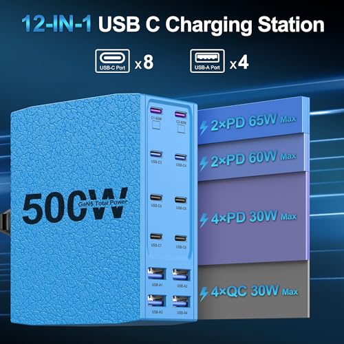 500W USB C Charger Block, 12-Port USB C Charging Station for Multiple Devices, Leather Texture Dual PD 65W Laptop Fast Charger Compatible with MacBook Pro/Air, iPad, iPhone,Galaxy and More,Blue - color: Blue, size: 5 feet